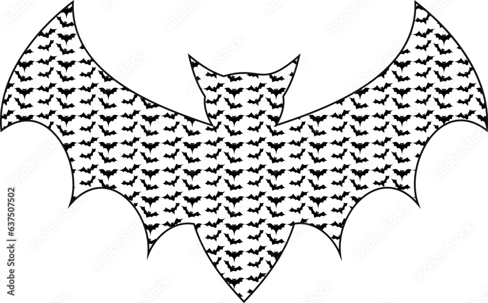 Intricate line drawing of a bat, composed of many smaller bats. This