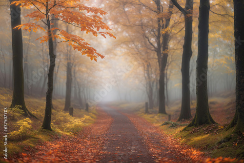 A path passing through a misty forest during autumn. ai generative