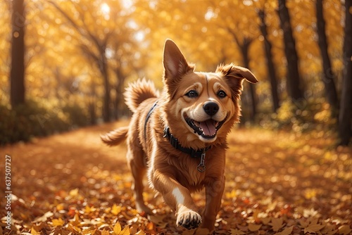 closeup Happy Dog in fall leaves. ai generative © Igor