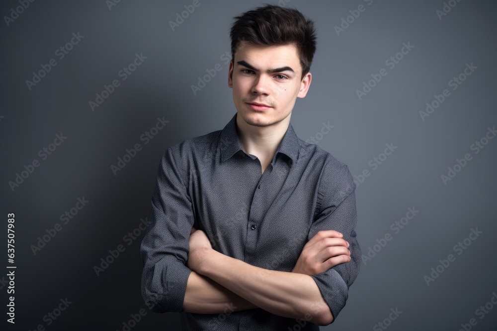 studio portrait of a young man with their hand in their pockets posing against a grey background studio portrait of a young man with their hand in their pockets posing against a grey background