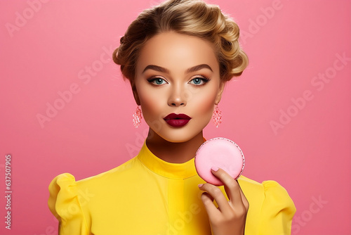 Portrait of fashion model eating pink macaron and looking at camera. Pretty blonde girl and tasty cake. Food and pleasure concept. Isolated on pink background. Copy space, Advert, Valentine day