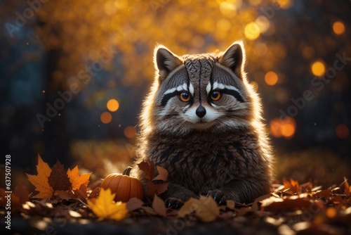 animal racoon cat owl dog autumn and halloween. ai generative photo
