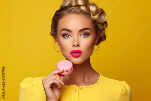 Portrait of fashion model woman eating pink macaroon and looking at camera. Pretty blonde girl and tasty cake. Food and pleasure concept. Isolated on yellow background, copy space, Valentine day photo
