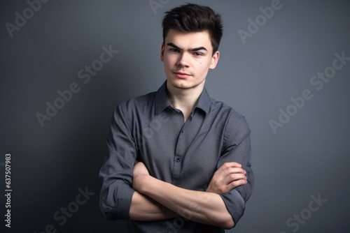 studio portrait of a young man with their hand in their pockets posing against a grey background