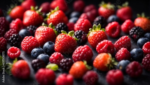 Berries overhead closeup colorful large assorted mix of strawbwerry, blueberry, raspberry, blackberry, red curant in studio on dark background. Ai Generated photo