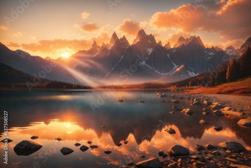 Serene mountain lake during sunset. ai generative