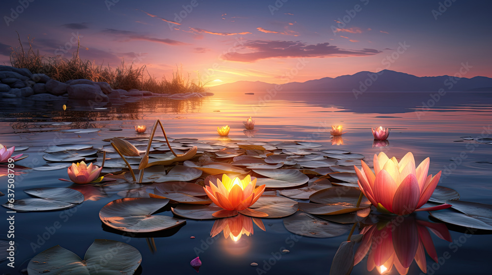 Lake covered in lotus flowers and lily pads, sunrise