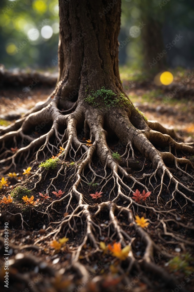 Fototapeta premium Tree roots in soil closeup underground texture. ai generative