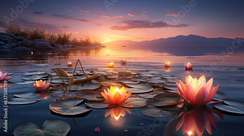 Lake covered in lotus flowers and lily pads, sunrise