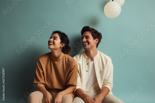 Lifestyles, fashion and relationship concept. Studio portrait of two young and beautiful laughing couple. Muted soft colors. Plain color background with copy space. Generative AI
