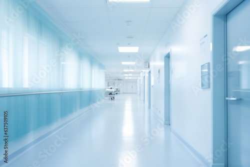 Blurred interior of hospital corridor - abstract medical background. Generative AI.
