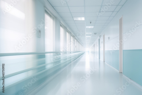 Blurred interior of hospital corridor - abstract medical background. Generative AI.