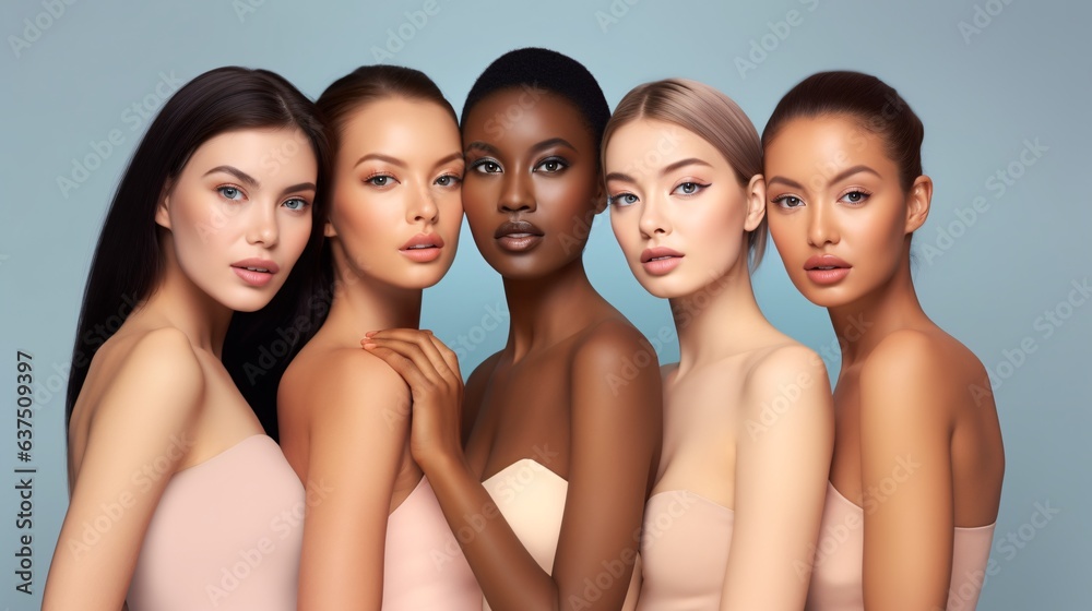 Obraz premium Diverse beauty: Varied ethnicities - Caucasian, African, Asian, and Indian women on a pastel backdrop.