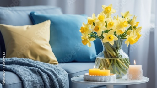 Spring home decoration with a fresh bouquet of yellow daffodils in a glass vase and a yellow candle on the table, set against a blue couch with yellow pillows and white walls.