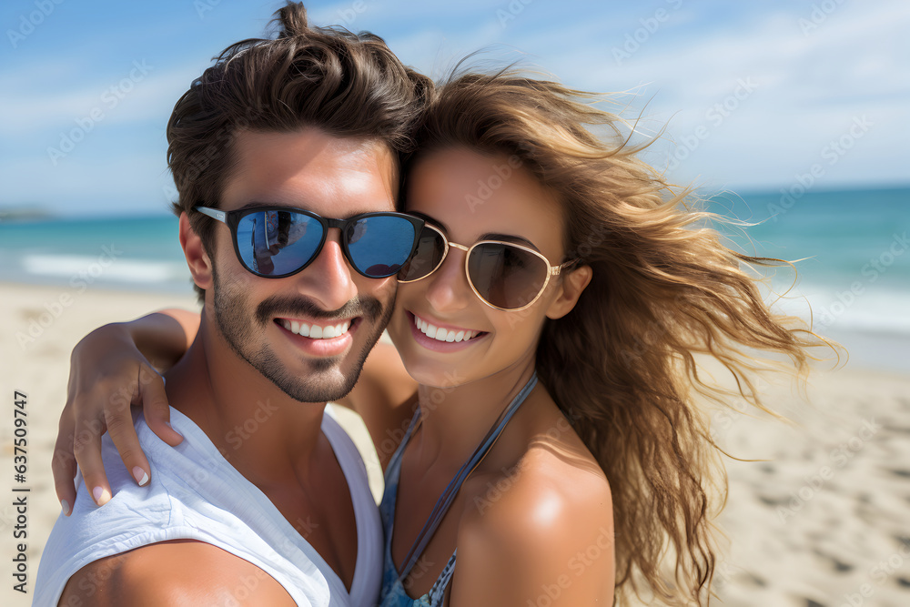 Young couple smiling on a summer day at the beach Young couple smiling on a summer day at the beach