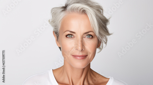 Charming 50s mid-aged woman, isolated on white, gazes at the camera. Close-up portrait of a mature lady with healthy skin, representing beauty, middle-age skincare, and cosmetology.