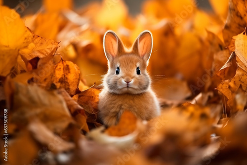 a small rabbit sitting in a pile of leaves