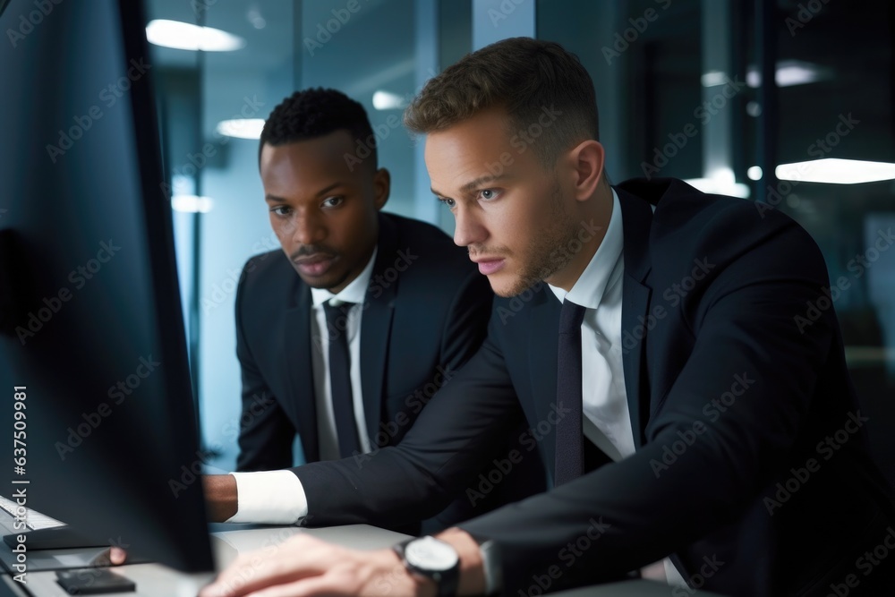 shot of two young businessmen working together on a computer in a modern office shot of two young businessmen working together on a computer in a modern office