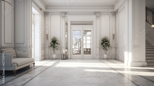 High resolution image of entrance to apartment with white interior and marble flooring. © Vusal