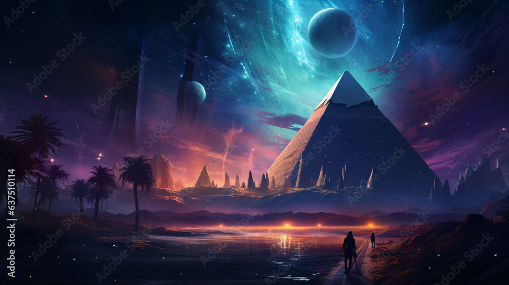Retrowave Illustration, inspired by the disco music of the 80s, Nostalgia 3d background, neon, Egyptian with camels go to the pyramids. Futuristic Sci-Fi.