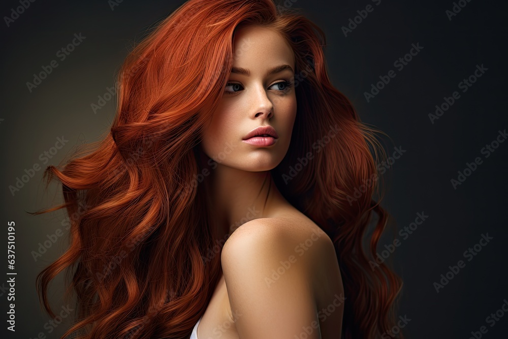 beautiful young woman with amazing red hair - beauty / haircare advertisement template (Generative AI) beautiful young woman with amazing red hair - beauty / haircare advertisement template (Generative AI)