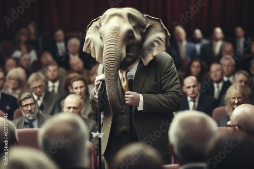Elephant in a business suit speaks on the podium in front of a large gathering of people