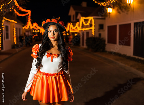 Girl in white and orange Halloween costume