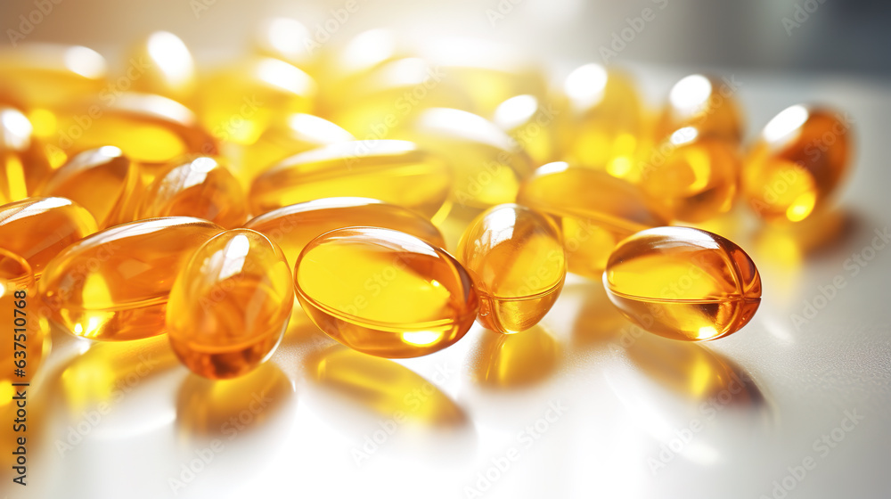 Transparent yellow vitamins on a light background. Vitamin D, omega 3, omega 6, Food supplement oil filled fish oil, vitamin A, vitamin E, flaxseed oil. Transparent yellow vitamins on a light background. Vitamin D, omega 3, omega 6, Food supplement oil filled fish oil, vitamin A, vitamin E, flaxseed oil.