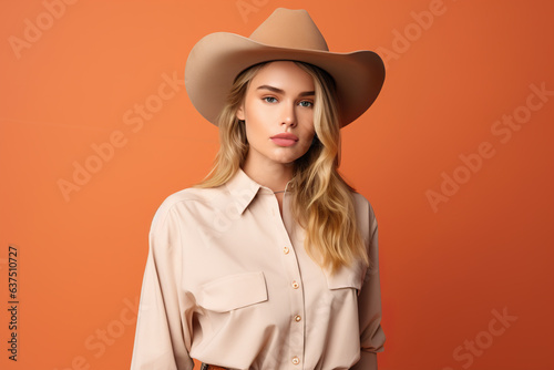 Beautiful blonde young woman in a blouse and a cowboy hat on a terracotta background