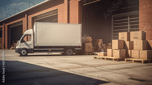 Logistics Warehouse outside with Open Door, Delivery Van with Cardboard Boxes.