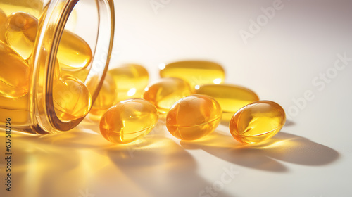 Transparent yellow vitamins on a light background. Vitamin D, omega 3, omega 6, Food supplement oil filled fish oil, vitamin A, vitamin E, flaxseed oil.	