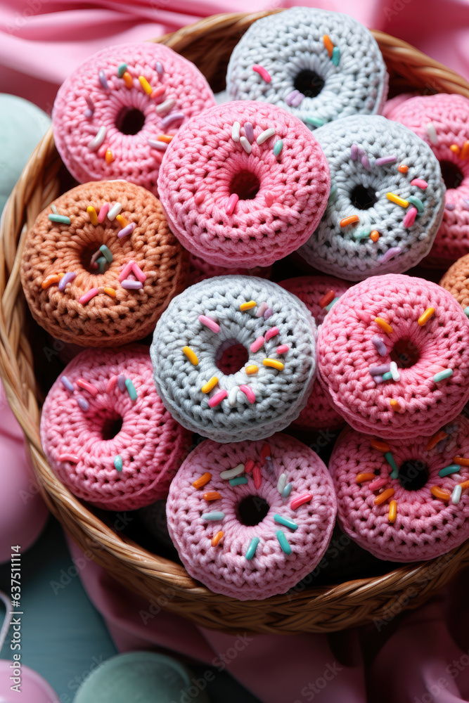 basket with colorful crochet donuts