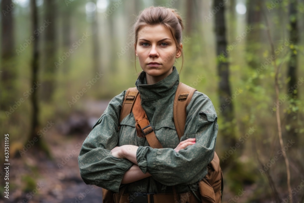 portrait of a confident young female ranger standing with her arms crossed in the forest