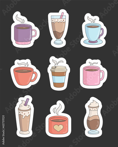 Coffee drink cup. Sticker Bookmark. Hot cold cocktail. Vector drawing. Collection of design elements.