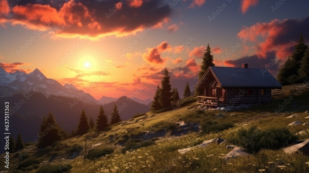 Fototapeta premium A small wooden house is located at the foot of the mountain, with its back to the sunrise in the east, panning. Generative AI