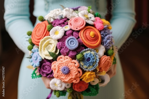 Crochet colorful flowers, close up
