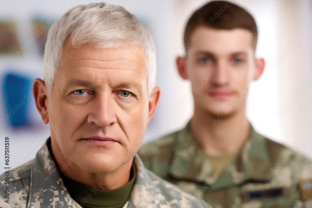 cropped portrait of a male vet with his senior colleague standing in the background cropped portrait of a male vet with his senior colleague standing in the background
