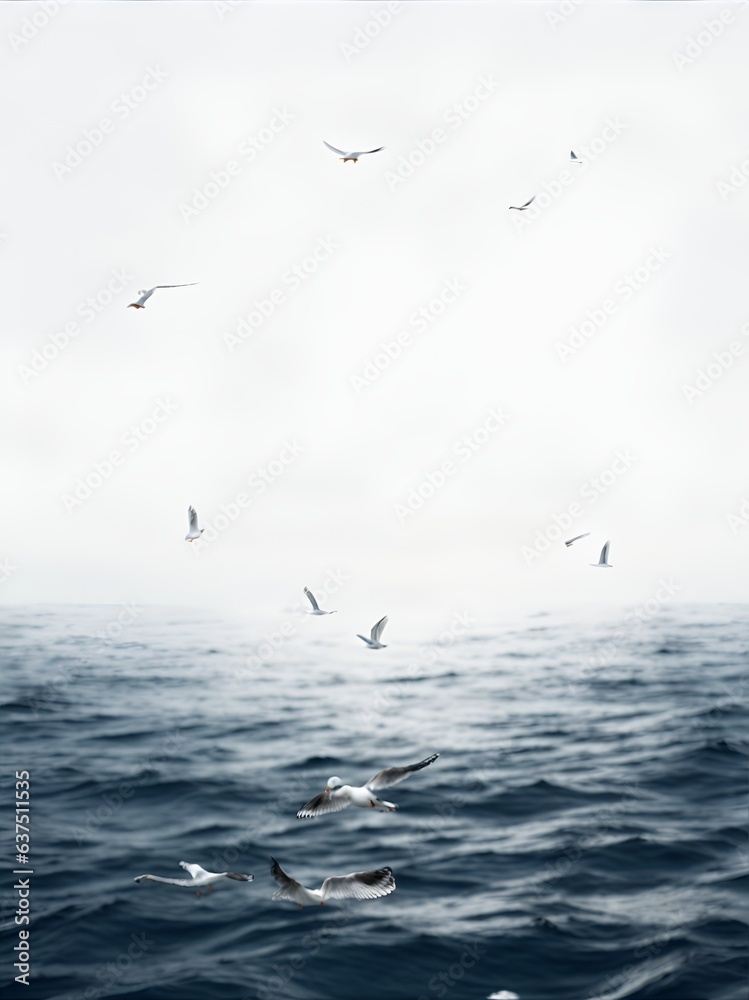 Minimalistic ocean with seagulls. Blue calm water and bright sky. AI generated