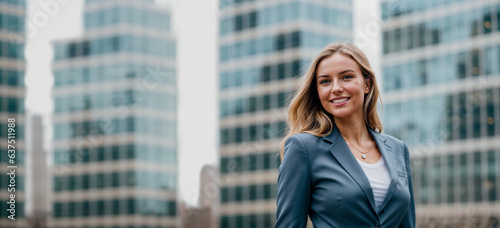 Businesswoman in front of tall city buildings. European, American Woman. Work Abroad concept.