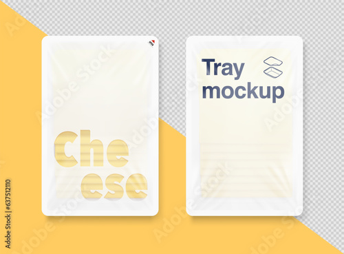 Rectangle tray container mockup with sliced cheese. Realistic vector illustration on different backgrounds. Flat lay view. Ready for use in your design. EPS10.