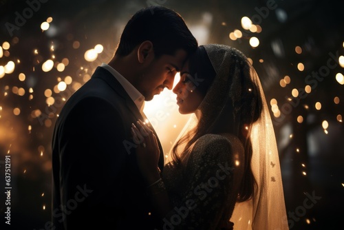 Wedding photography of a couple of lovers kissing. Silhouettes. Groom and bride. Generative AI.