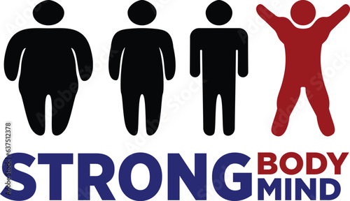 Fat to thin weight loss fitness people icons, stick figures stock vector illustration, Fat to lean fitness goal progress stock vector image, strong body and mind concept