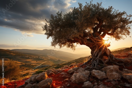 Fényképezés olive tree at sunset in a mediterranean countryside