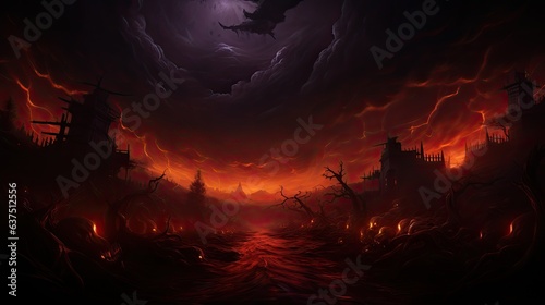 Fire ground, Infernal landscape. Horror scene. Hellfire landscape. Halloween.