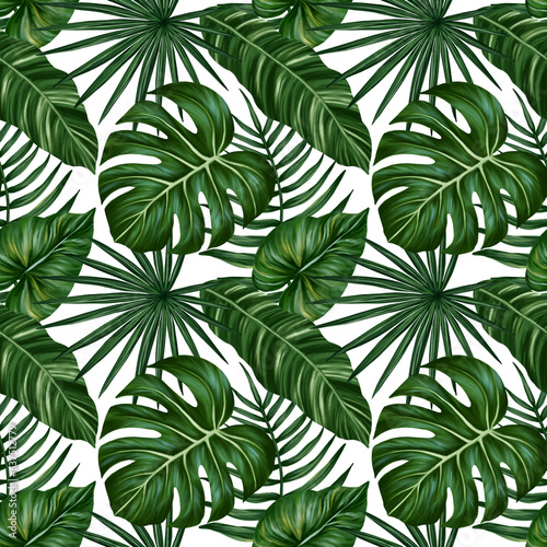 Tropical leaf seamless pattern. Colorful vivid print with beautiful palm jungle leaves. Repeated luxury design for packaging, cosmetic, fashion, textile, wallpaper. Realistic high quality illustration