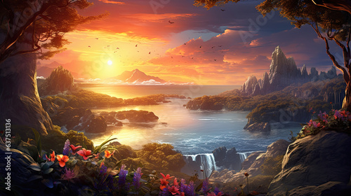 Tropical paradise  idyllic scenery  sunrise  flowers and birds  illustration