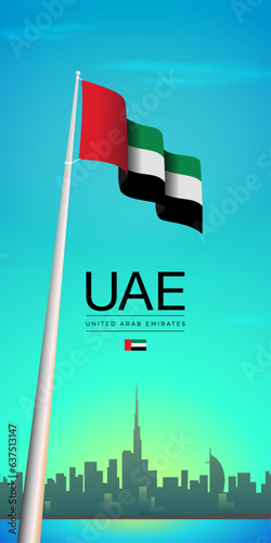 United Arab Emirates 52nd National Day Text Banner with Flag and Cityscape Background Vector.