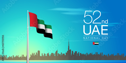 United Arab Emirates 52nd National Day Banner with the Cityscape and Flag on Sunrise Background Vector.