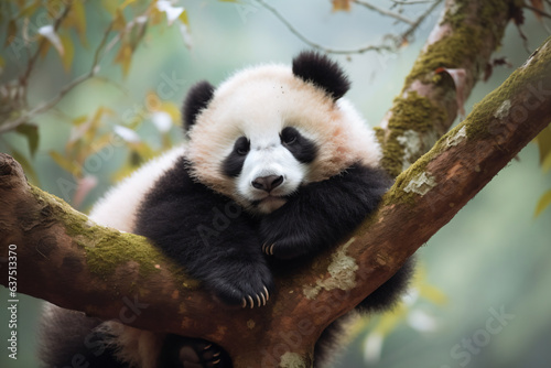 a panda bear is sitting in a tree