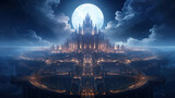 Floating city, castle in the sky, night, moon, fantasy land